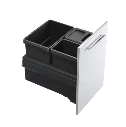 Recycling center with two to four synchronized bins